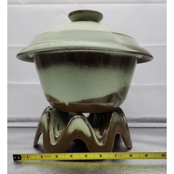 Frankoma 6V Brown & Green Glazed Ceramic Casserole Dish and Warmer Base and Lid - Picture 10 of 10